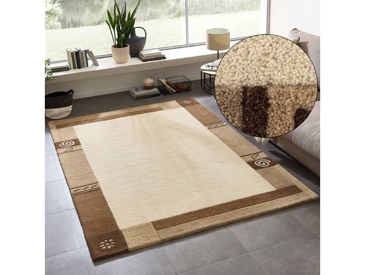 Wollteppich THEKO Tromso, Wolle, Handgefertigt, Bordüre mit Hoch-Tief-Effekt Gr. 1, beige, B:60cm H:15mm L:90cm, Wolle, Teppiche, Wollteppich, Wohnzimmer, Schlafzimmer, Esszimmer