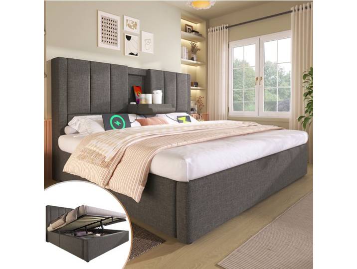 VUENOR Lit coffre 160x200 cm gris – coffre relevable sans matelas