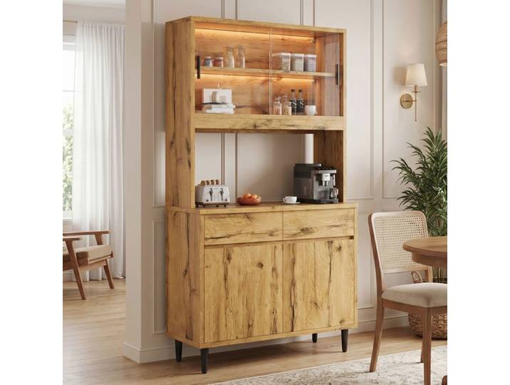 Buffet de Cuisine Haut 100 x 40 x 185 cm Vaisselier avec LED Prises USB-A et USB-C Effet Chêne