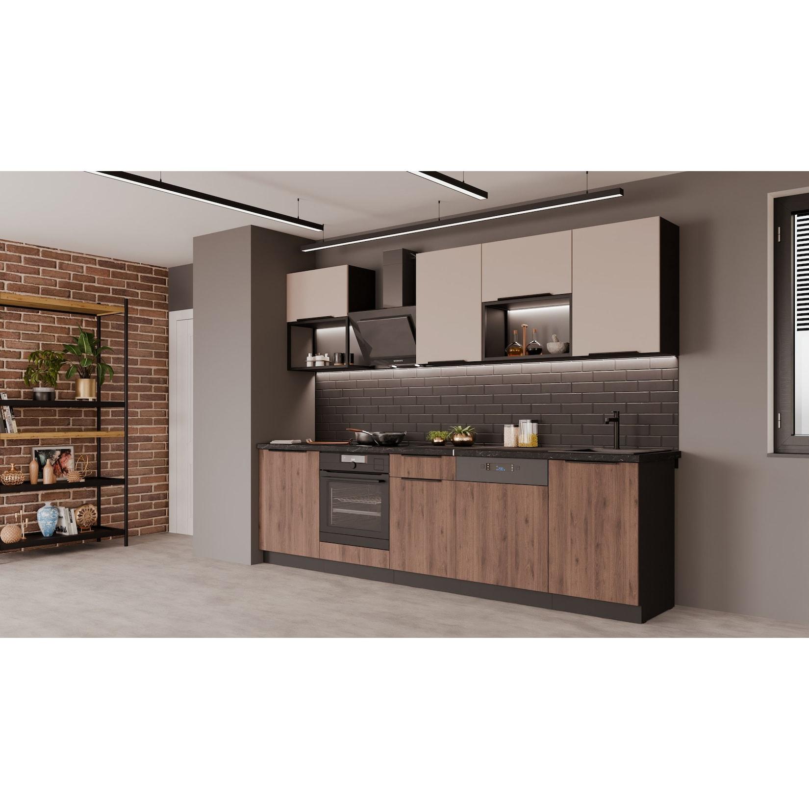 Küche MONZA + ARONA BASIC LOFT 280 Küchenzeile Küchenblock Nußbaum Kaschmir matt