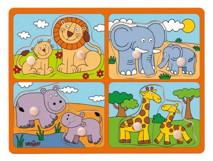 Woody Woody 4 in 1 knop puzzel - Dieren - Ontwikkelt fijne motoriek - Meerkleurig