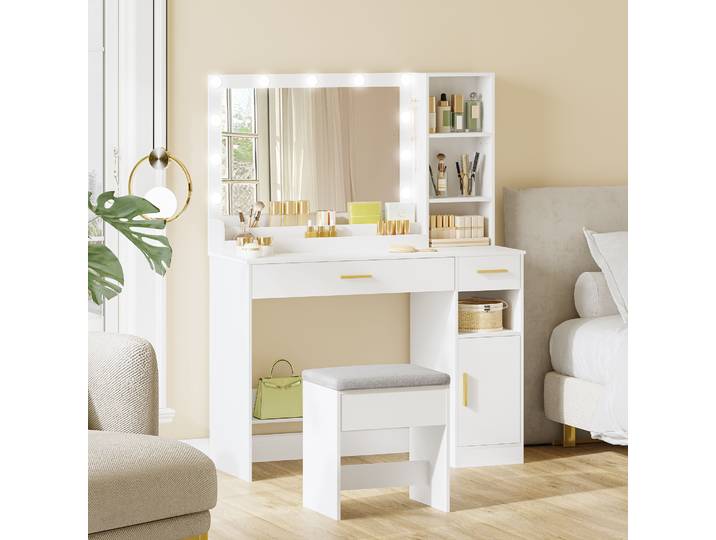 Coiffeuse avec tabouret, grand miroir, coiffeuse avec 2 tiroirs, 4 compartiments ouverts et placard, pour chambre à coucher