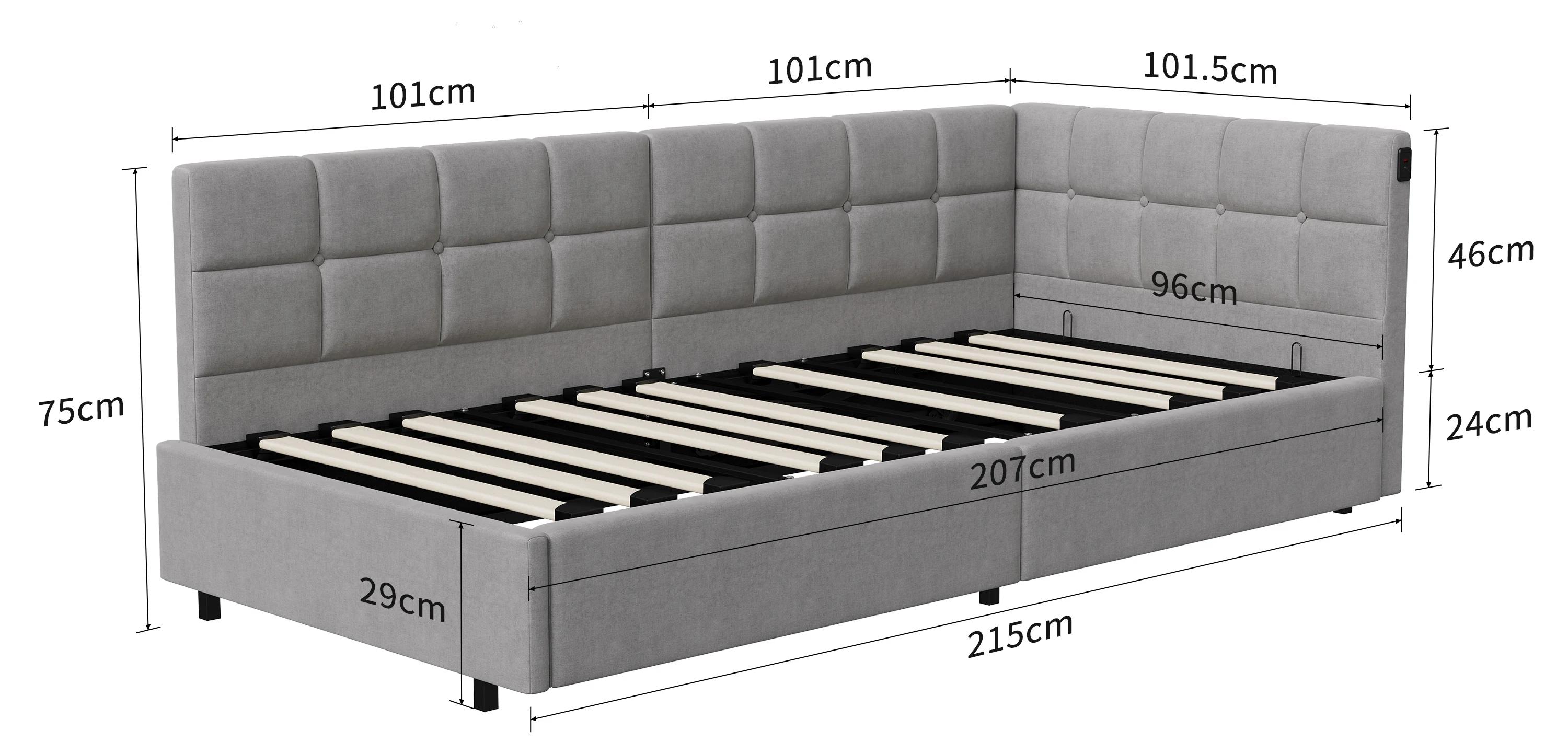 Polsterbett - Einzelbett - 90 x 200 cm - Samt - Grau - Belastbarkeit 150 kg