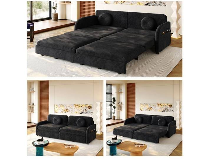 ROVRYN Canapé-lit 3 places convertible 3-en-1 206 cm en chenille noire lit double 190 x 200 cm
