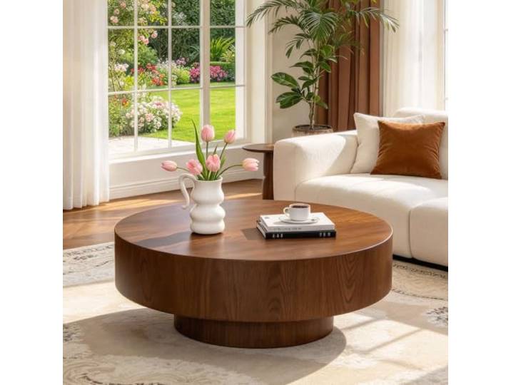 Runder Couchtisch In Trommelform 39,37 Zoll Mit Dunklem Walnussfurnier Niedriger Couchtisch Aus Holz Mit Stabilem Sockel Moderner Runder Beistelltisch Für Das Wohnzimmer