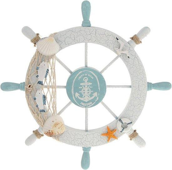 WAN Nautische Wanddecoratie met Houten Scheepsstuur, Vissersnet en Schelpen
