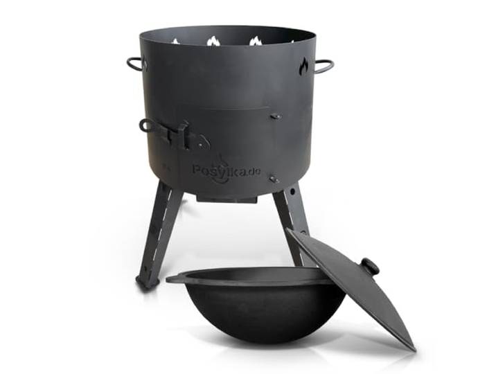 Utschak Feuerofen Ø 44 cm mit Gusseisen Topf runder Boden mit Deckel (16 L) KazanoFF, Usbekisch Uchag Feuerofen Gusseisen Kazan Kasan Outdoor, Feuerschale, Camping, Gulaschkanone (Set 16-7)