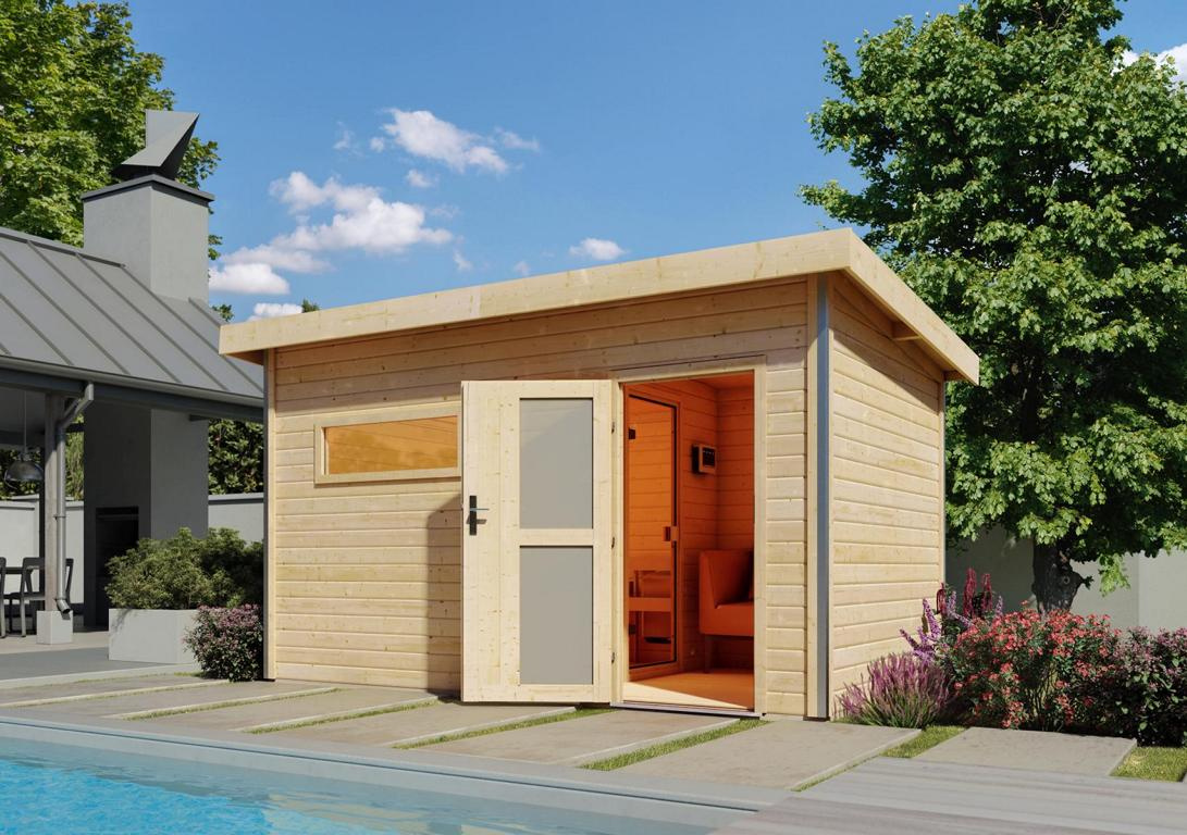 KARIBUHOLZT Sauna Skrollan3, 9kW Bio ext. Stg Milchglastür 16880290