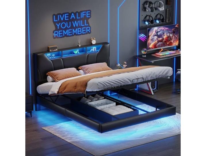 Structure de lit - SUNFECILI - SUNFECILI - 160x200 cm - PU/MDF/métal - LED réglable & USB