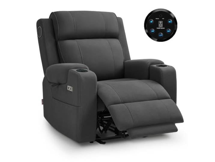 M MCombo Relaxsessel Elektrisch mit Bluetooth Lautsprecher - Fernsehsessel mit Liegefunktion & Verstellbare Kopfstütze, Massagesessel Sound System, Musik Sessel 7053 (Dunkelgrau-Mikrofaser)