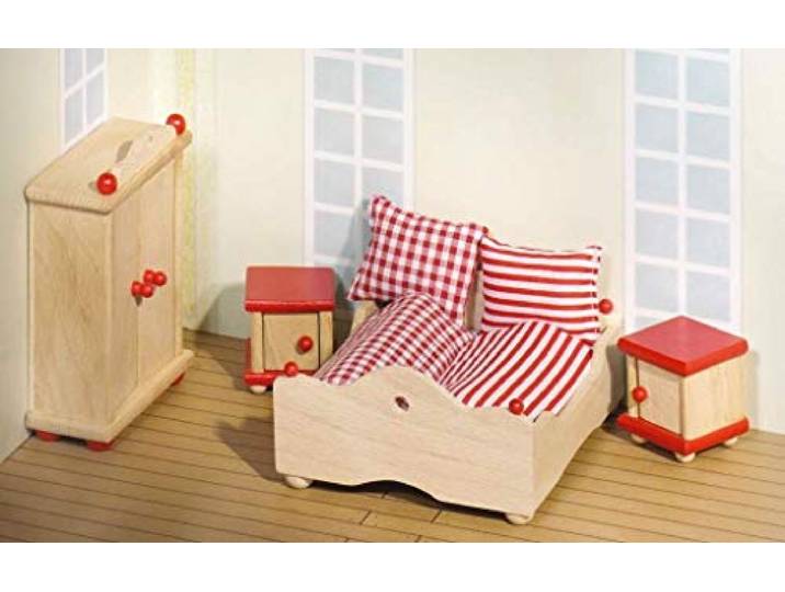 Goki poppenhuis slaapkamer houten meubeltjes set klassiek