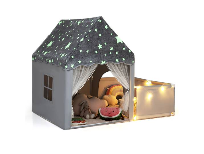 Speeltent 2 in 1 Kinder Tent Die in Het Donker Oplicht met Speelhekje Speelhuis met Mat Lichten Ramen Bedtent in Huisvorm