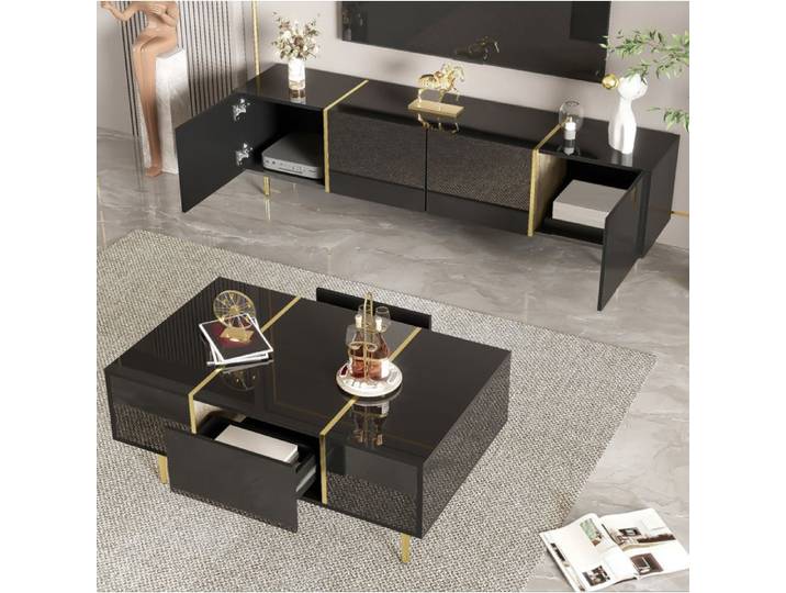 Ensemble Meuble TV Noir Brillant Salon Design FloraGrace Pour Salon Rangement 4 Portes Et 2 Tiroirs 170x35x46cm/100x60x41 5cm