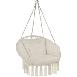 tectake Hängesessel, GRAZIA, superweiches Kissen, Stahlgestell, Baumwollgeflecht, 80x72x125 cm, beige, Quasten, geringes Gewicht
