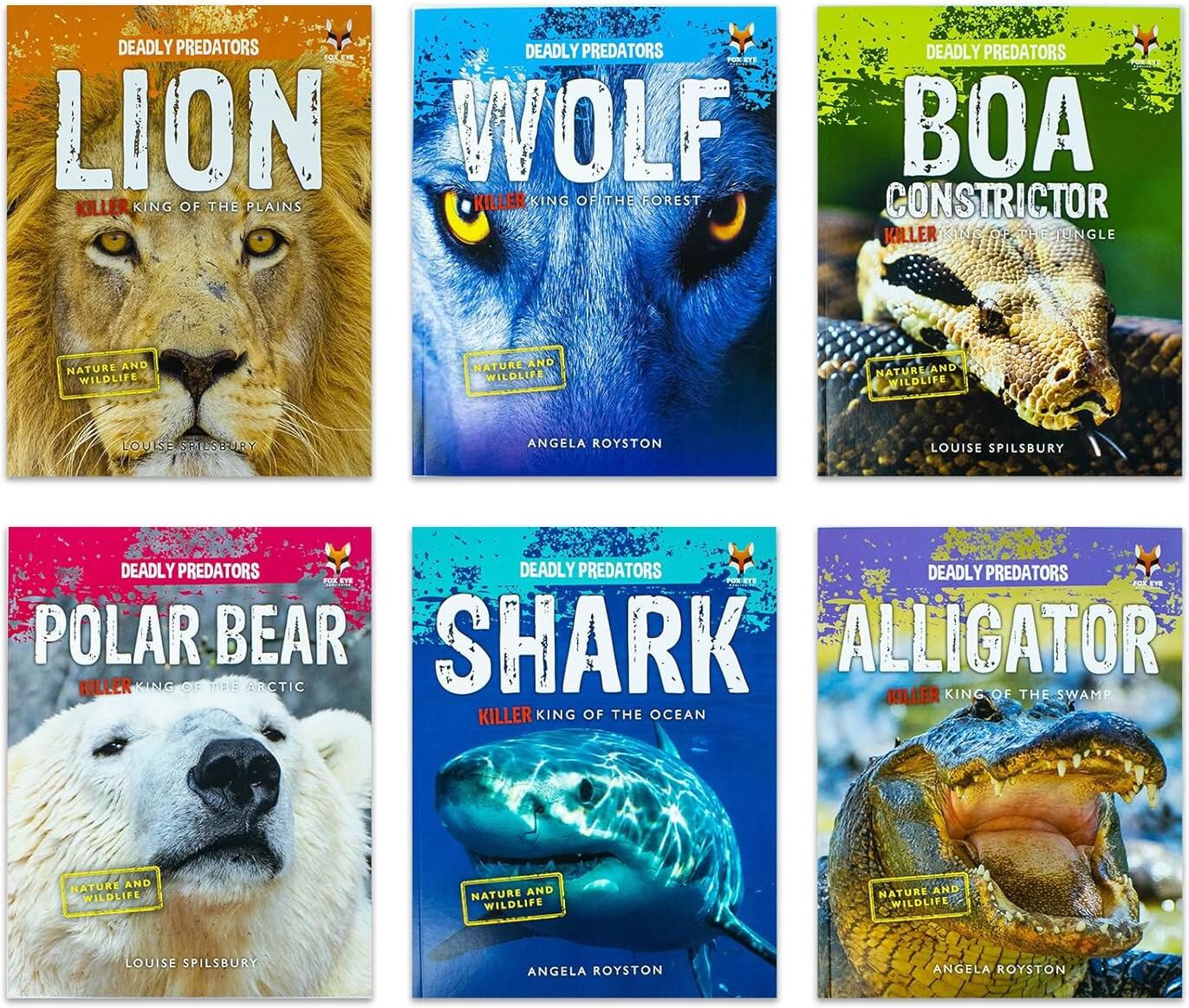 Fox Eye Publishing Deadly Predators 6 Book Set – Alligator, Shark, Lion, Wolf & More Animal Kingdom Collection for Kids
