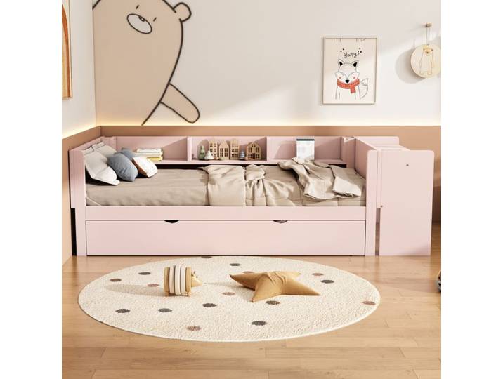 Lit enfant rose 90x200 avec lit gigogne et bureau intégré étagères latérales