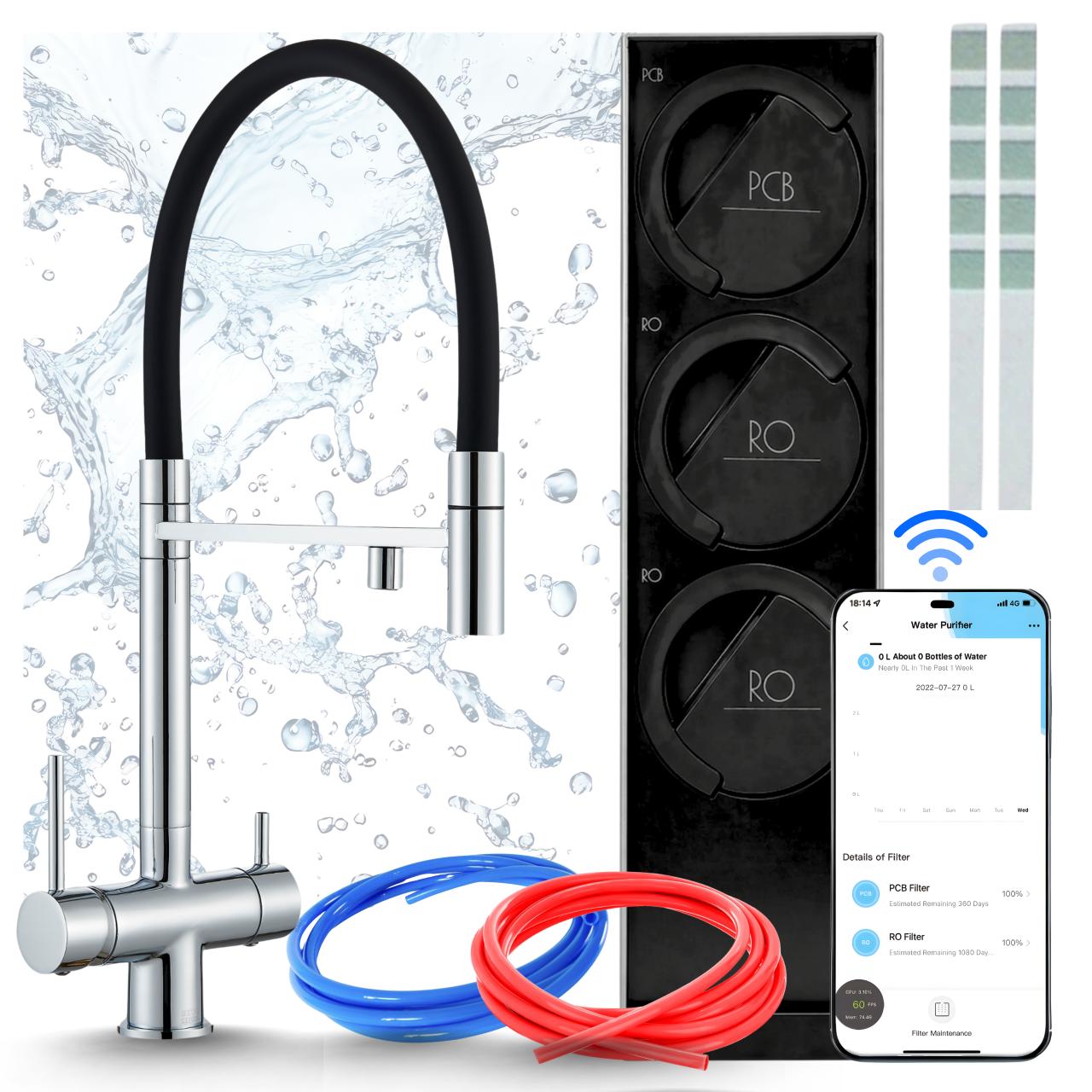 Wasserfiltersystem Mit Küchenarmatur Ari Highflex, Messing, 360 Grad Schwenkbar, 800Gpd, Wifi, Zweigriffarmatur, Keramikkartusche, Perlator, Chrom