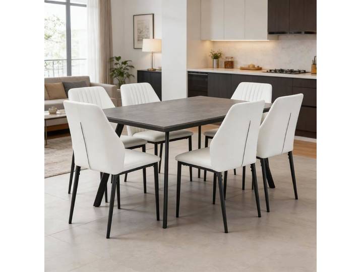 JIEXI Table à manger rectangulaire grise moderne + 6 Chaises Blanches pour salle à manger et cuisine