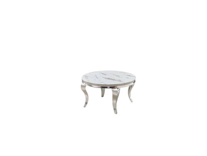 Table Basse BAROQUE Ronde Plateau Verre Trempé Marbré Blanc Structure Chrome D80x45cm