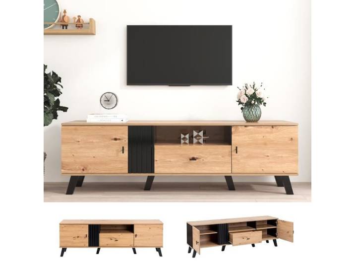 Meuble TV 172 cm - Bois et noir - Rangement polyvalent - Design moderne