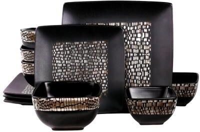 Elama Abstract Square Double Bowl Black Stoneware Dinnerware Set 16 Pieces
