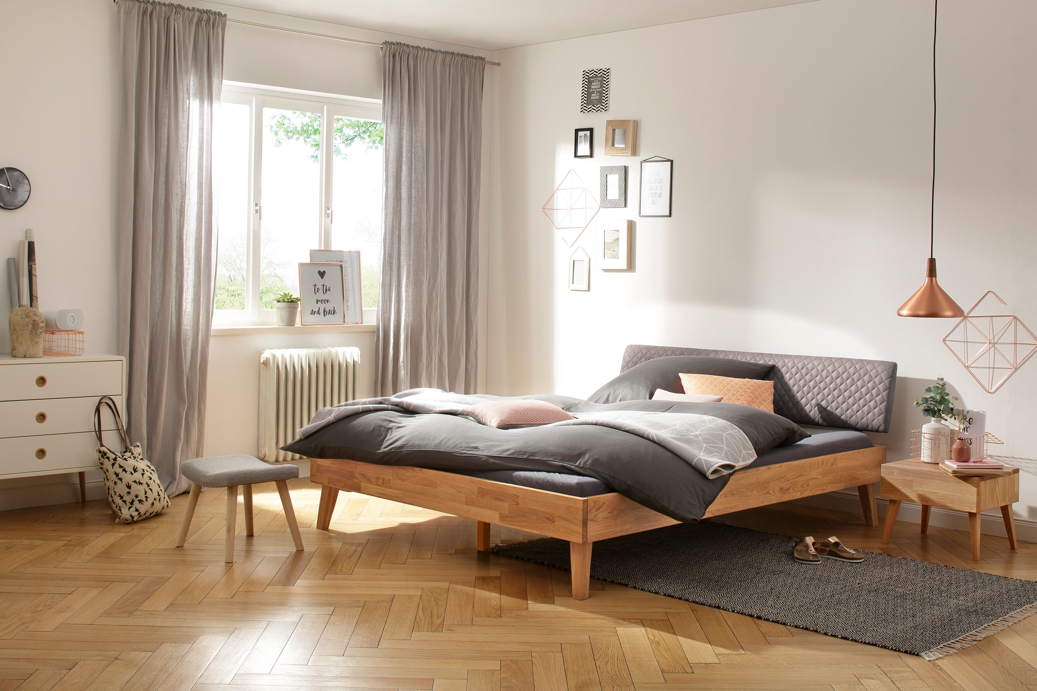 Bett HOME AFFAIRE "Natali", braun (eiche, grau, eiche), B:146cm H:81cm L:210cm, Betten, Bett, aus massiver Eiche, gepolstertes Kopfteil mit Kunstlederbezug