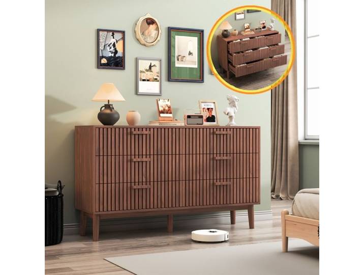 Commode avec 6 tiroirs Commode en Bois et Rotin 6 Tiroirs Meuble de Rangement Multifonction Armoire à tiroirs Commode Marron