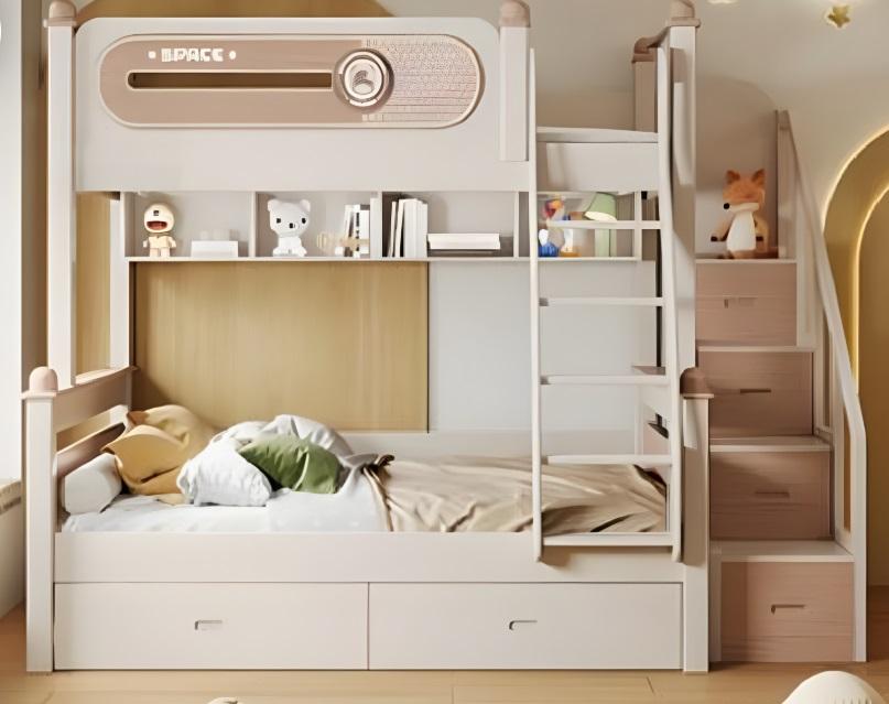 Etagenbett Beige Holz mit Leiter Stockbett Doppelstockbett Jugendbett
