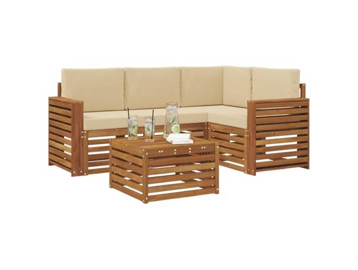 KTHLBRH Akazien-Sofa-Set, 5-teilig, Natur, Beige Modular, wiederkonfigurierbar, abnehmbare Kissen, Lattendesign, witterungsbeständig