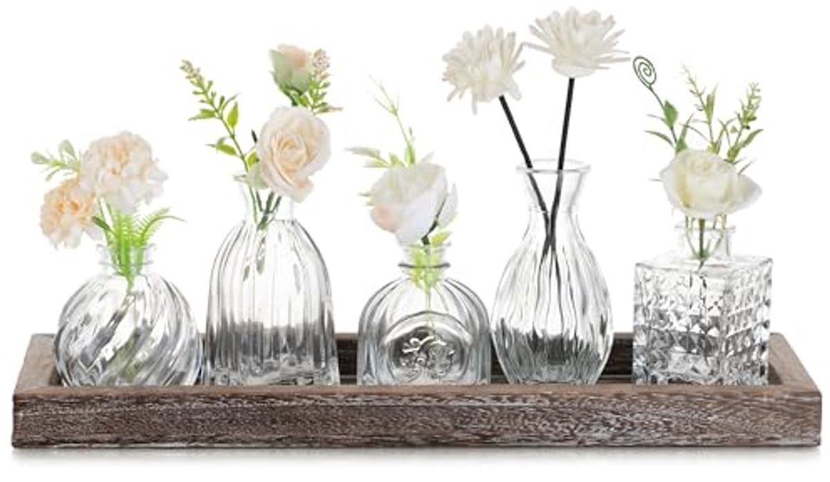 Elegante set van 5 glazen vazen met houten dienblad voor bloemen