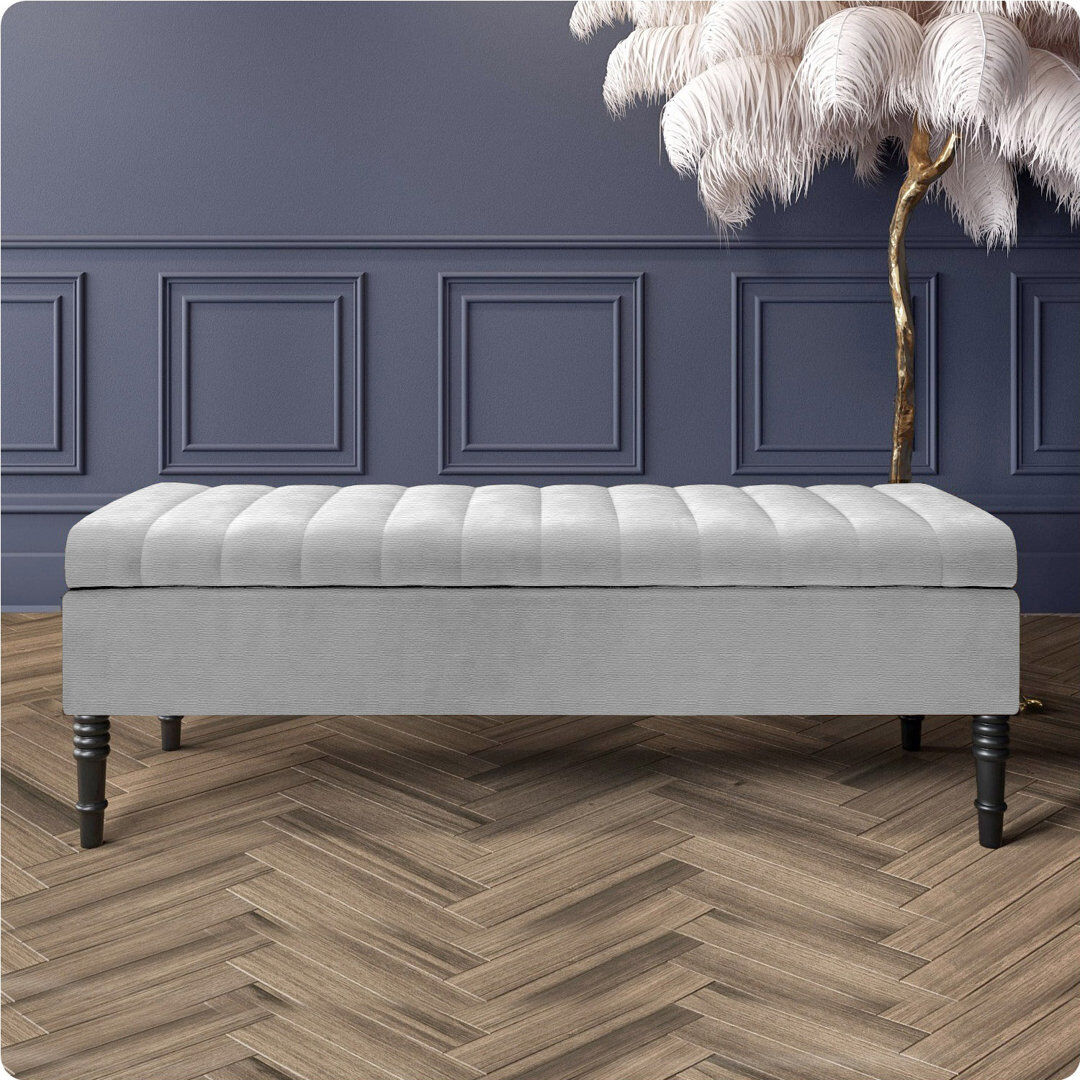 R&M Furnishers Safar Striped Ottoman Storage Bench – Upholstery Naples Shoe Bench with Black Turned Wooden Legs Silver