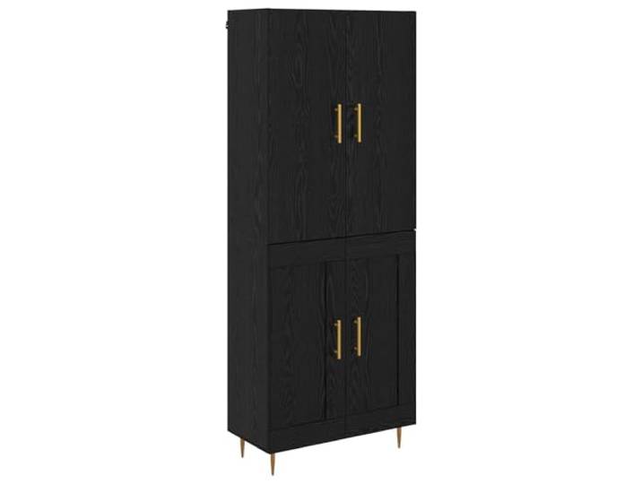 Highboard Schwarz Eichen-Optik Holzwerkstoff Stehend Schrank Freistehend, rechteckig, glatte Textur, matte Messinggriffe, konische Beine, vielseitig nutzbar