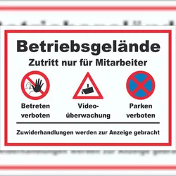 HB-Druck Schild Betriebsgelände Mitarbeiter Betreten Video Parken A1 (594x841mm)