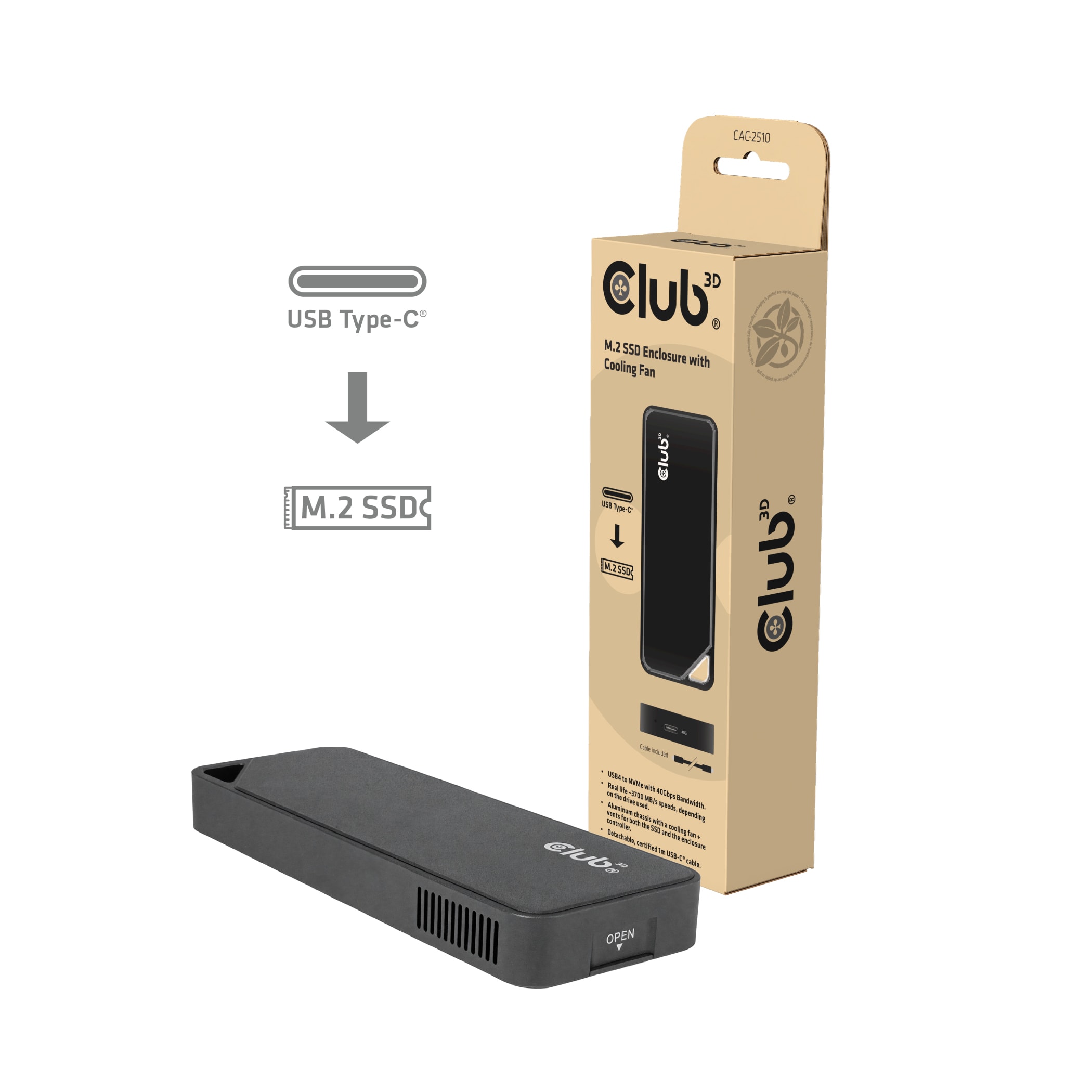 Club3d CAC-2510 M.2-SSD-Gehäuse mit Lüfter, NVMe, USB4