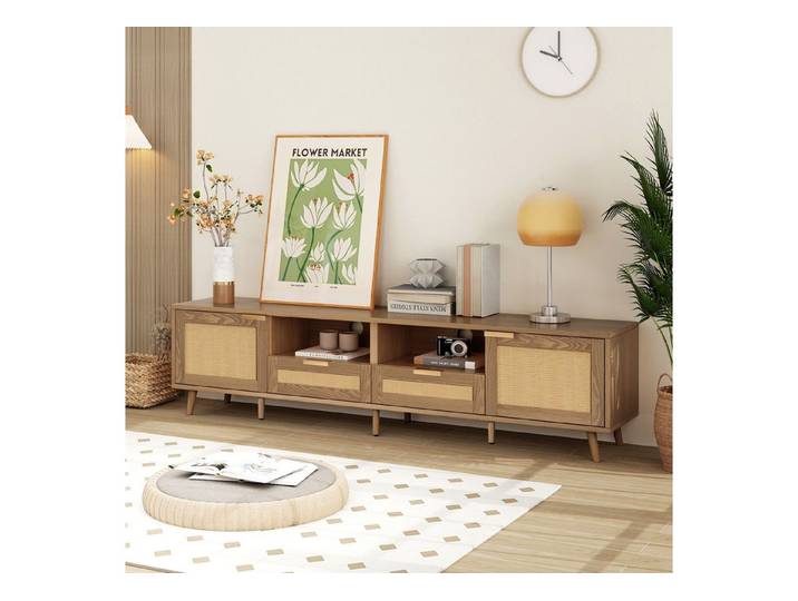 MODFU TV-Schrank Lowboard mit Rattan-Design – 200 x 49 x 37 cm, Massivholzfüße (Packung, Lowboard mit 2 Schubladen und 2 Türen) Fernsehtisch mit Rattangeflecht Design, TV-Board