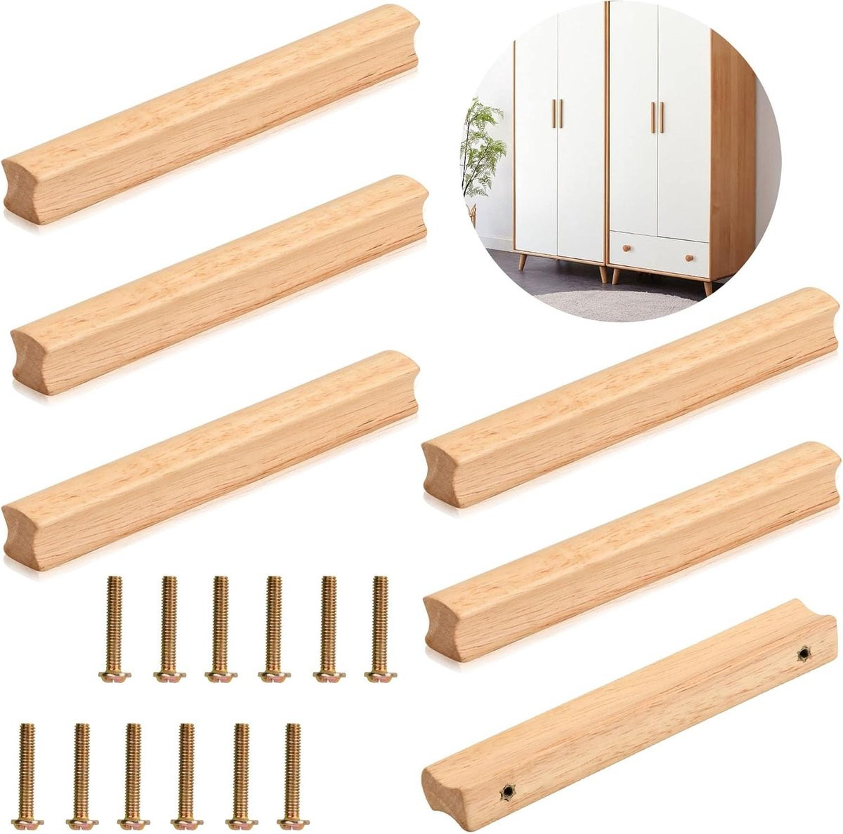 Set van 6 houten meubelhandgrepen met schroeven, universele keuken- en deurhandgrepen voor kasten en lades, boorgatafstand 160 mm