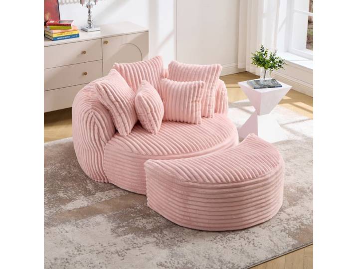 Fauteuil de relaxation - ZEVKOR - 2 Places - Chenille côtelée - Repose-pieds - Rose