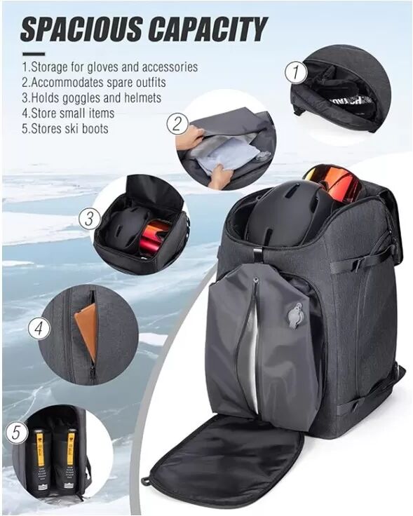 INF 60L Tragbare Multifunktionale Skischuhtasche - Outdoor-Sportrucksack aus Polyester Schwarz
