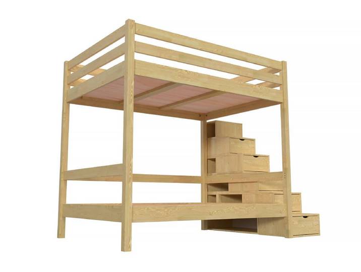 Lit superposé 140x200 double + escalier rangement Sylvia 140x200 Miel