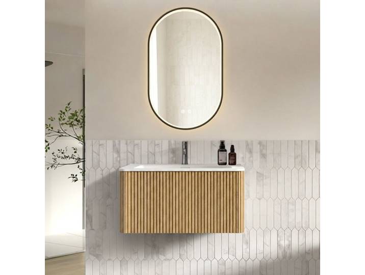 ROVRYN Ensemble meuble salle de bain suspendu 81 cm vasque intégrée miroir LED antibuée décor chêne