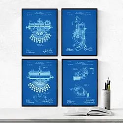 POSTER Set mit 4 Blau PATENTEN Schreibmaschinen A4 Schwarzer Rahmen