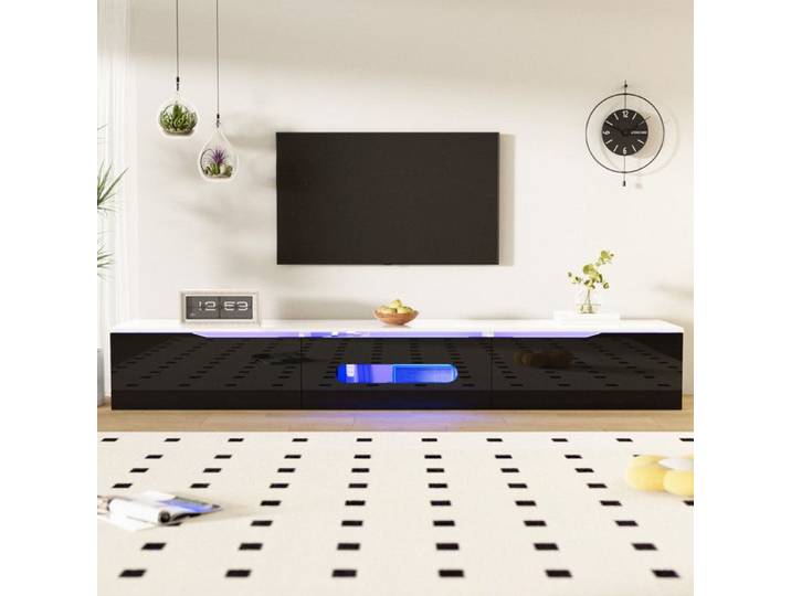 Meuble TV Mural 180x35x30cm avec éClairage Led 16 Couleurs Meuble TV Suspendu avec Rangement Meuble Tele Blanc+Noir