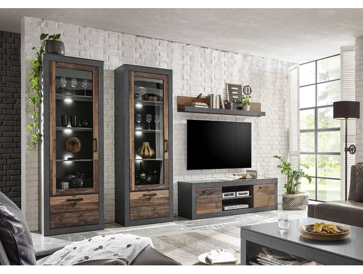 Wohnwand HOME AFFAIRE BROOKLYN , grau (matera, old mix dekor, absetzung matera), B:303cm, Kastenmöbel-Sets, Wohnwand