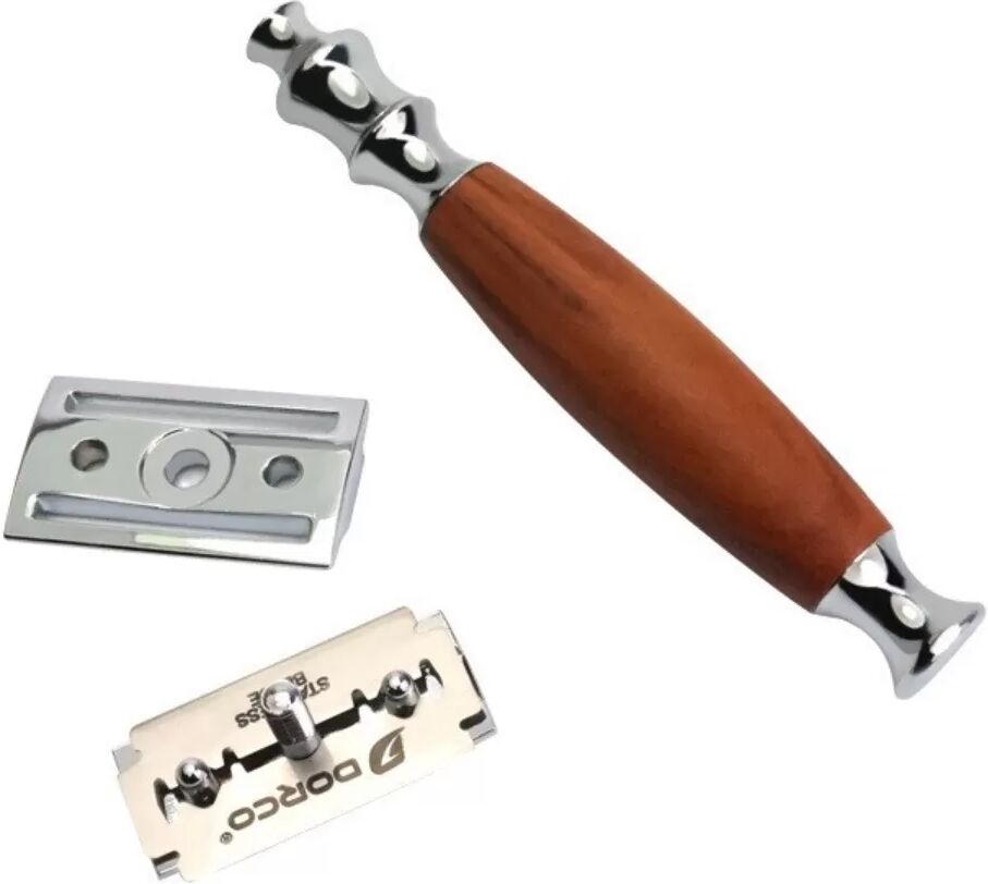 INF Rasoir de Sûreté à Double Tranchant avec Effet Bois et Support - Motif Bois de Pêcher