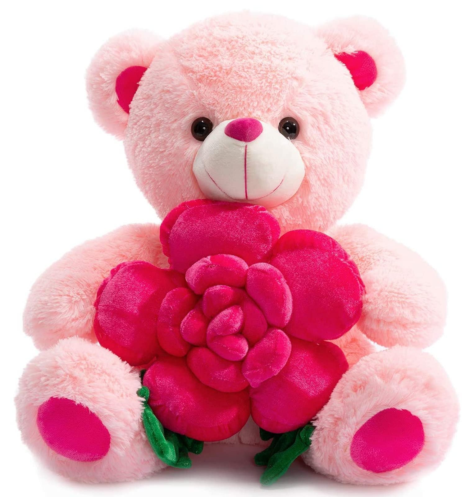 Roze Teddybeer met roos, 41 cm