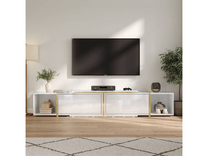 Meuble TV Extensible LEMONMAX Meuble TV Bas Moderne Façades Haute Brillance Niches Ouvertes Rangement Salon