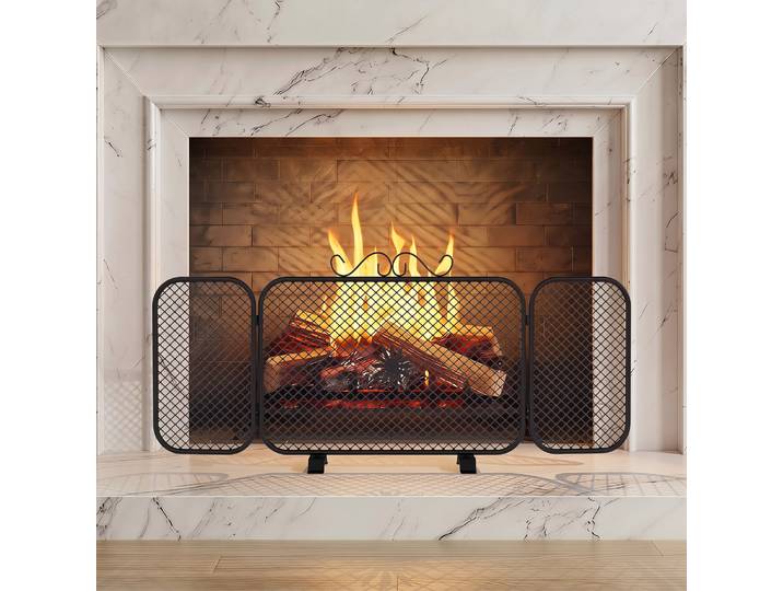 HOMCOM Pare-étincelles Cheminée 3 Panneaux Métal Noir 90x40 cm