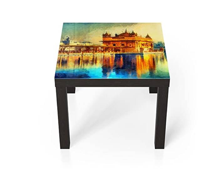 DEQORI Glastisch schwarz klein 55x55 cm Motiv Hari Mandir Tempel ausgefallener Beistelltisch aus Glas Hochglanz Couchtisch fürs Wohnzimmer moderner Couch Tisch mit Design
