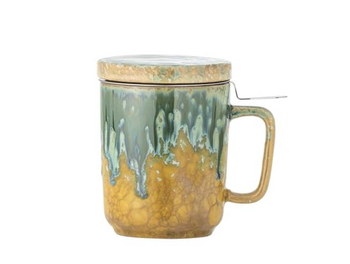 Bloomingville Creative Collection Yuma Becher m/Deckel und Teesieb, Grün, Steingut, D8xH11,5 cm, 250 ml