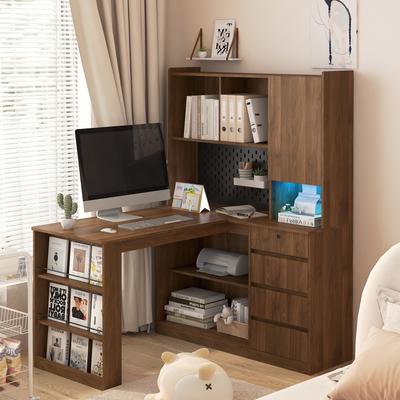 DEVERA L-Shaped Corner Desk with Charging Station, LED Lights, Bookshelf & Drawers